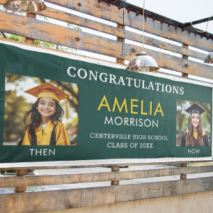 Then & Now Emerald Green Gold Photo Graduation Banner