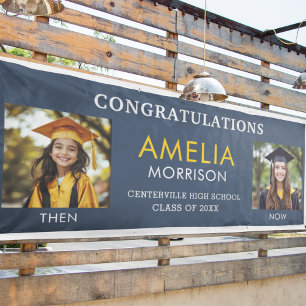 Then & Now Navy Blue Gold Photo Graduation Banner