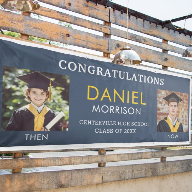 Then & Now Navy Blue Gold Photo Graduation Banner (Creator Uploaded)