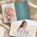 Then & Now Photos Quinceañera Teal & Gold Glitter Save The Date<br><div class="desc">Look who's turning 15! Share then and now photos of the quinceañera with unique 2 photo save the date invitations. The pictures and all wording on this template are simple to personalize. The colors, font styles and overlay opacity can be easily customized with the Zazzle Design Editor tool. The modern...</div>