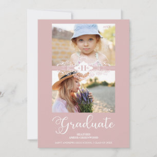 Then & Now Pink Lace Flourish Graduate Photo Invitation