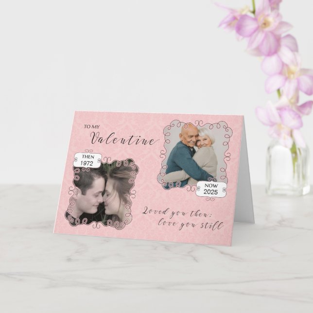Then & Now Valentine Couple Custom Photo/Date Card (Orchid)
