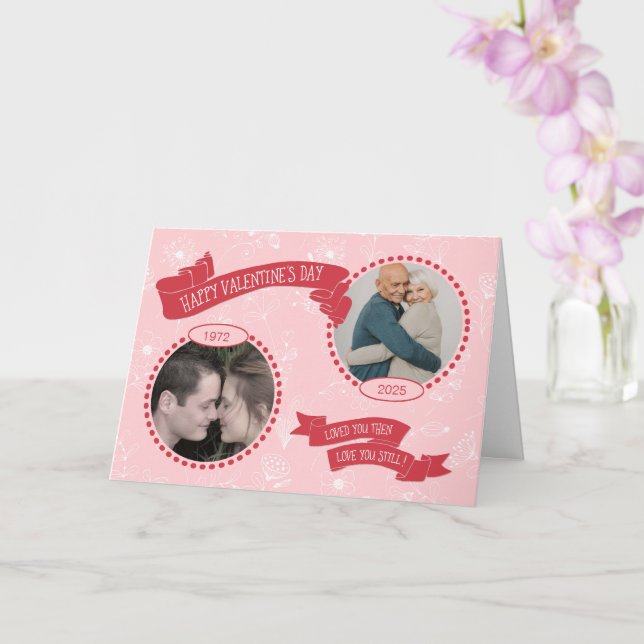 Then & Now Valentine Couple Doodles Photo/Date Card (Orchid)