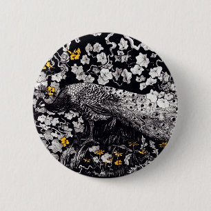Theo Van Hoytema Retro Peacock Clip Art Black and 6 Cm Round Badge