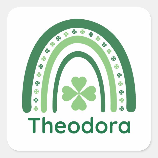 Theodora Name Clover Boho Rainbow Square Sticker (Front)