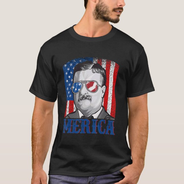 Theodore Roosevelt 4th Of July  Men Usa Flag Meric T-Shirt (Front)