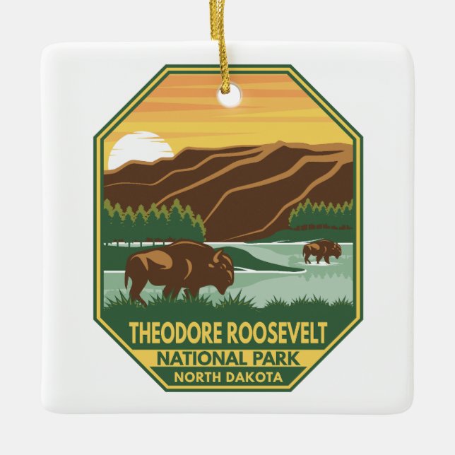 Theodore Roosevelt National Park Bison Retro Ceramic Ornament (Front)