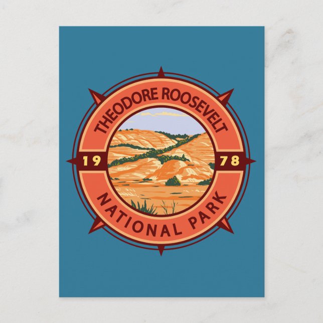 Theodore Roosevelt National Park Retro Compass Postcard (Front)