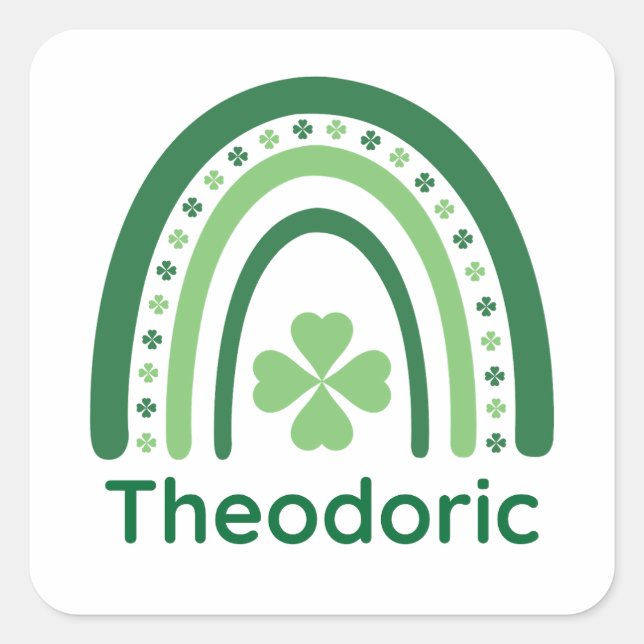 Theodoric Name Clover Boho Rainbow Square Sticker (Front)