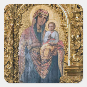 Theotokos and Christ Child Intricate Gold Frame Square Sticker