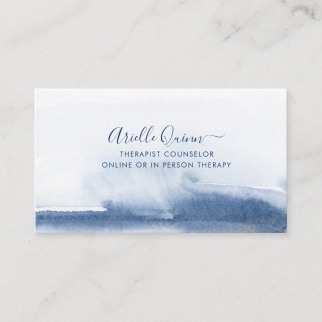 Therapist Counsellor Serene Indigo Watercolor Business Card (Front)