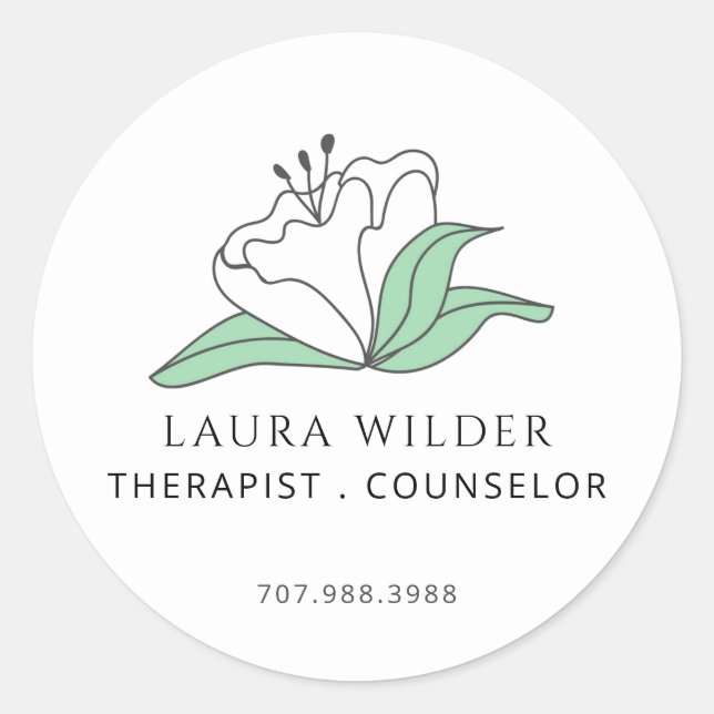 Therapist Counsellor Serene White Flower Business Classic Round Sticker (Front)