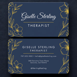 Therapist Floral Navy Blue Gold Professional Business Card