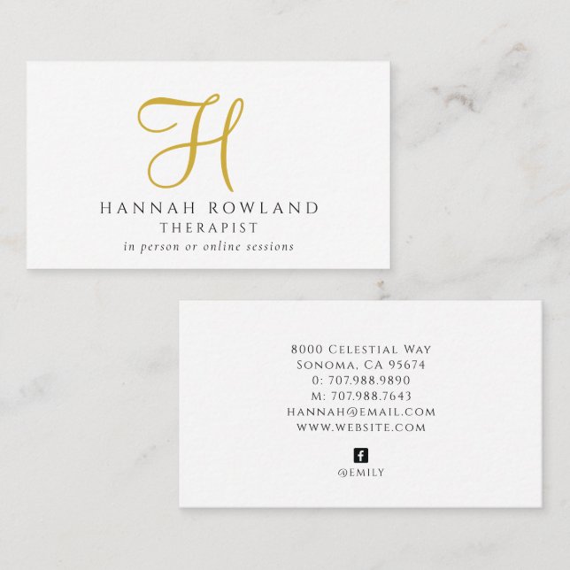Therapist Gold Script Monogram Name  Business Card (Front/Back)