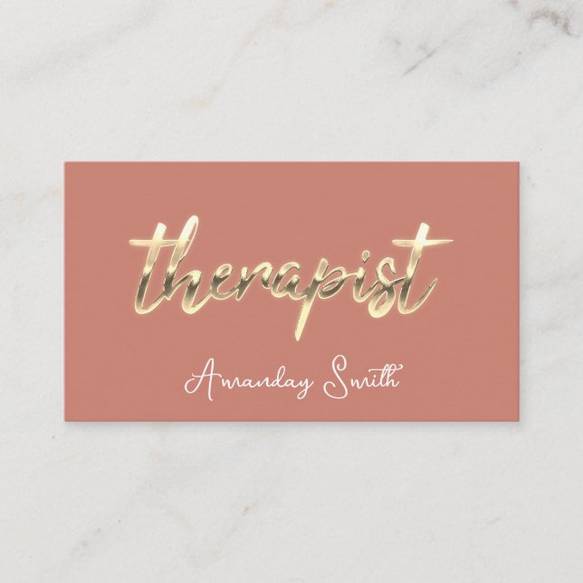 Therapist Golden ScriptQR Code Logo Natural Rose Business Card (Front)