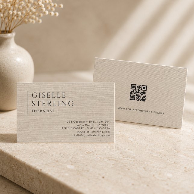 Therapist Neutral Linen QR Code Business Card (Creator Uploaded)