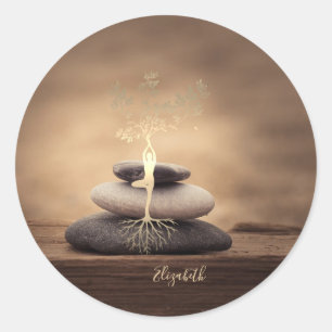 Therapist Zen Stones, Gold Tree Silhouette Brown Classic Round Sticker
