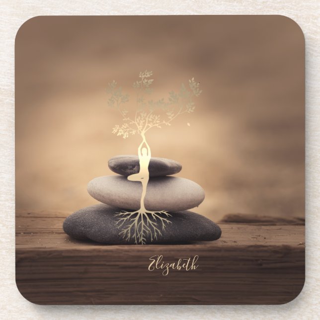 Therapist Zen Stones, Gold Tree Silhouette Brown Coaster (Front)