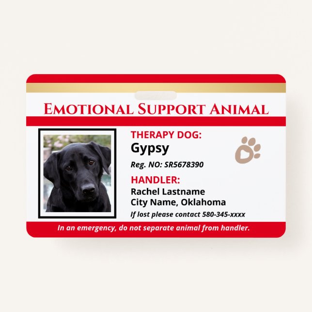 Therapy Animal ID One Photo Option Badge ID Badge (Front)