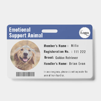 Therapy Animal ID Photo Barcode Deep Blue Badge