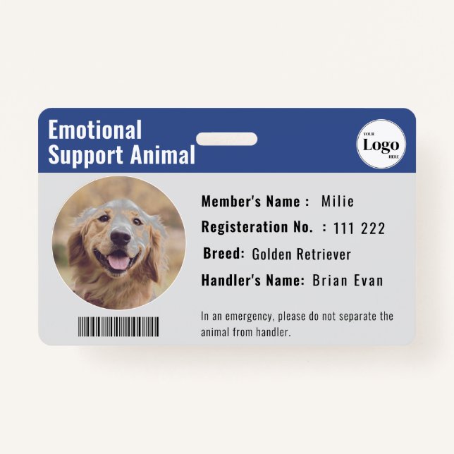 Therapy Animal ID Photo Barcode Deep Blue ID Badge (Front)