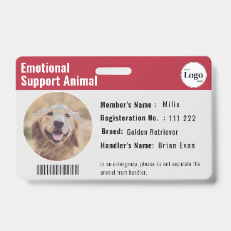 Therapy Animal ID Photo Barcode Red Grey Badge