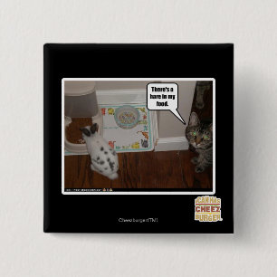 There's a hare in my food. 15 cm square badge