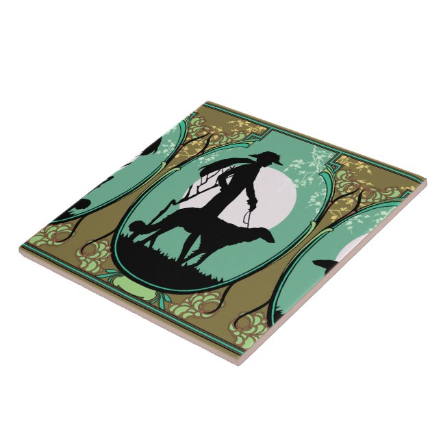 Theresa in Aqua & Olive - Art Deco Lady with Dog Ceramic Tile (Side)