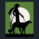 Theresa in Green - Art Deco Lady with Dog Poster<br><div class="desc">A stylish art deco fashion silhouette of woman and dog set against a bright white moon,  green background with black silhouette.</div>