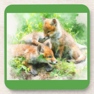 these cute fox cubs playing in the sun. coaster