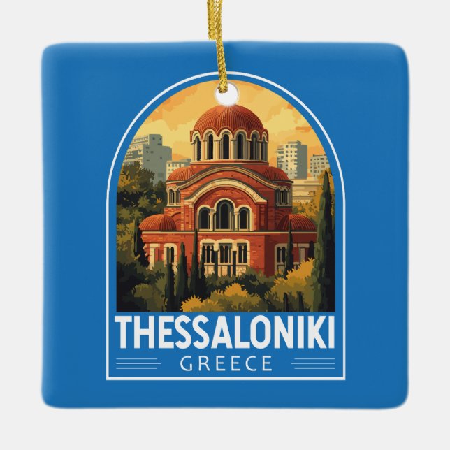 Thessaloniki Greece Agios Pavlos Travel Art Retro Ceramic Ornament (Front)