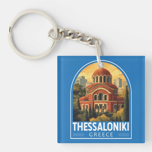 Thessaloniki Greece Agios Pavlos Travel Art Retro Key Ring (Front)