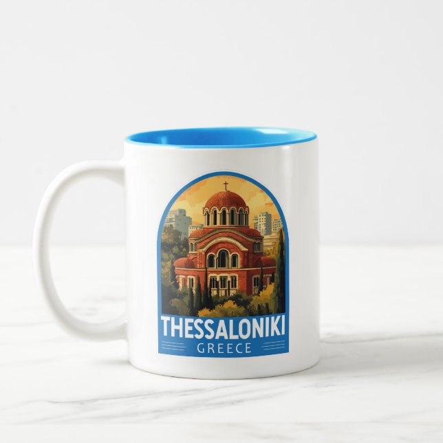 Thessaloniki Greece Agios Pavlos Travel Art Retro Two-Tone Coffee Mug (Left)