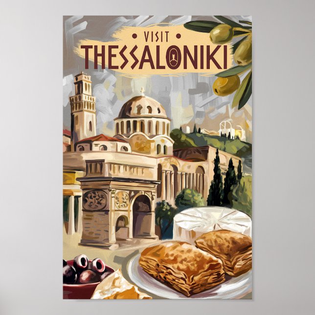 Thessaloniki Greece Painterly Travel Art Vintage Poster (Front)