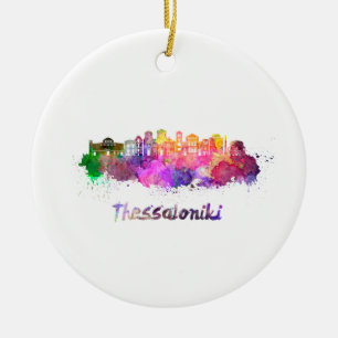 Thessaloniki skyline in watercolor ceramic tree decoration