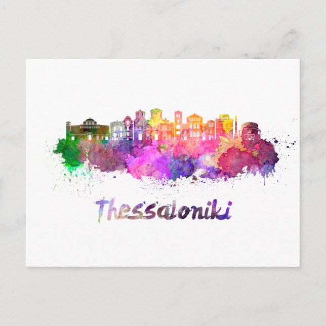 Thessaloniki skyline in watercolor postcard (Front)
