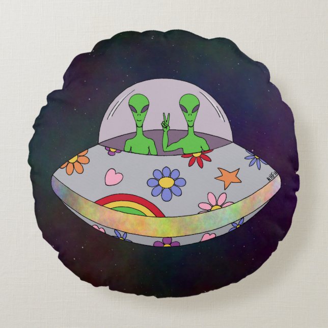 They Come in Peace UFO Round Cushion (Front)