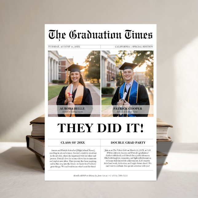 They Did It Twins Grad Party Newspaper Photo Invitation (Creator Uploaded)