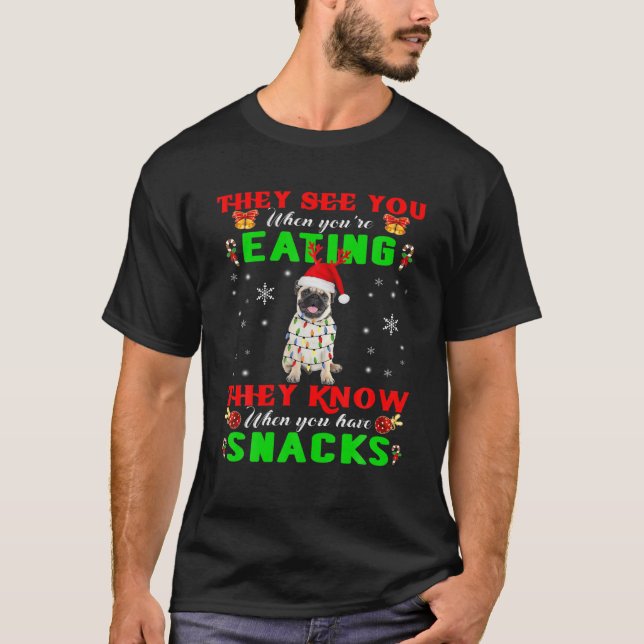 They See You Eating Christmas Reindeer Santa Pug T-Shirt (Front)