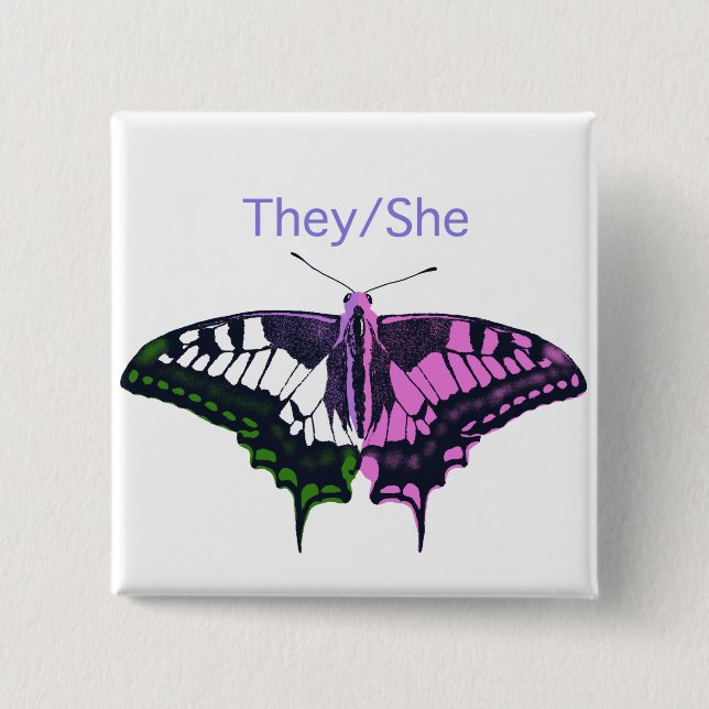 They/She Non-Binary Flag Swallowtail Butterfly 15 Cm Square Badge (Front)