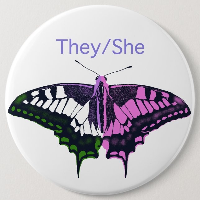 They/She Non-Binary Flag Swallowtail Butterfly 6 Cm Round Badge (Front)