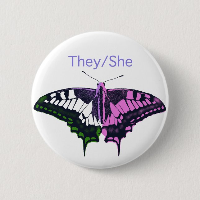 They/She Non-Binary Flag Swallowtail Butterfly 6 Cm Round Badge (Front)