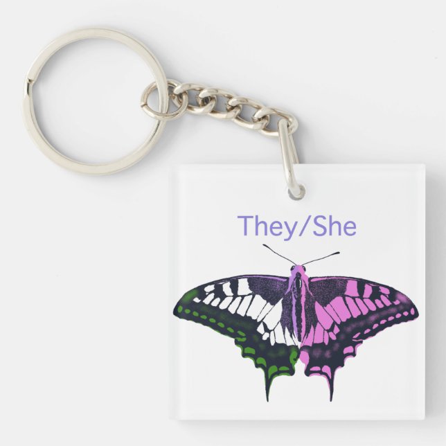 They/She Non-Binary Flag Swallowtail Butterfly Key Ring (Front)