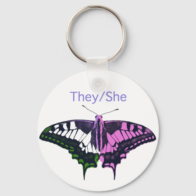 They/She Non-Binary Flag Swallowtail Butterfly Key Ring (Front)