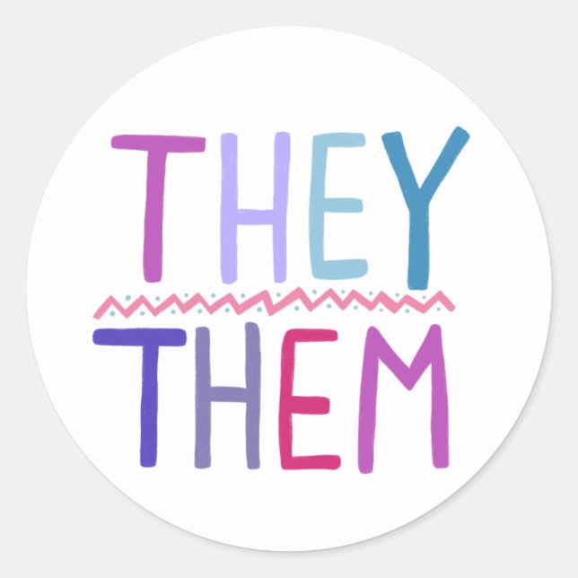 THEY / THEM Pronouns Purple Handlettering Set of Classic Round Sticker (Front)