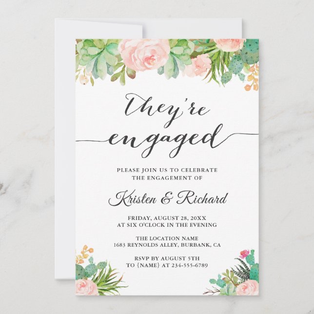 They're Engaged Succulent Cactus Floral Engagement Announcement (Front)