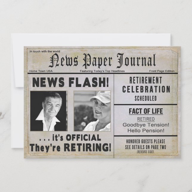 THEY'RE RETIRING Invitation  (2) PHOTOS/ NEWSPAPER (Front)