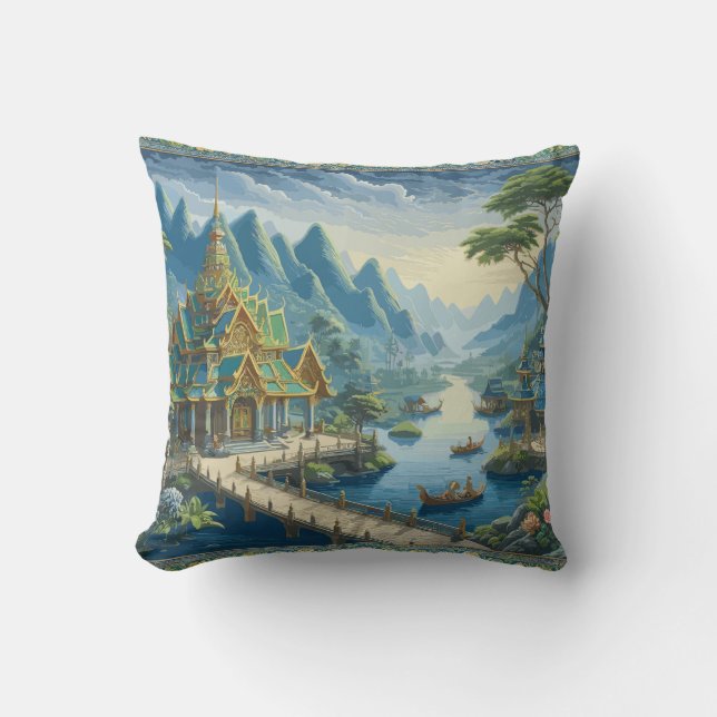 Thibaut Asian Scenic Blue and Green Decorative Cushion (Front)