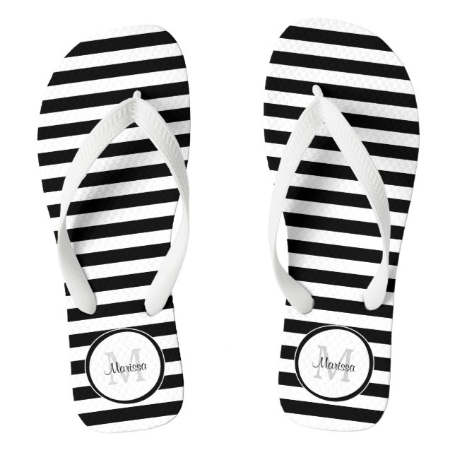 Thick Black and White Stripes With Simple Name Thongs (Footbed)