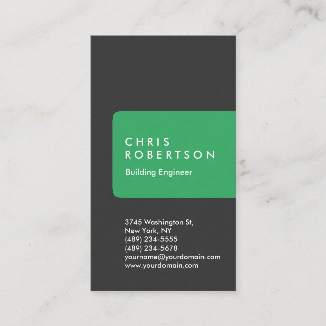 Thick Grey Green Building Engineer Business Card (Front)